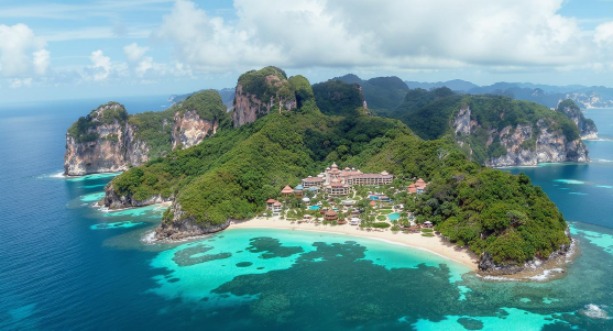 A wide drone photograph of a fabulous luxury resort on some tropical southeast Asian island beach, with spectacular lush hills in the surrounding landscapes.
