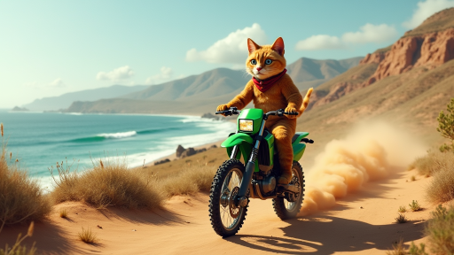 an anthropomorphized cat character rides a green dirtbike with no helmet on at a beautiful somewhat arid coastline trail that could be in California