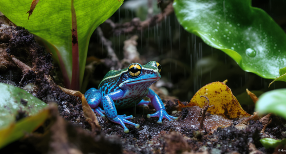 An award winning nature photo of a colorful, poisonous blue tropical frog in its jungle habitat. exotic plants with fresh droplets of dew or mist abound.