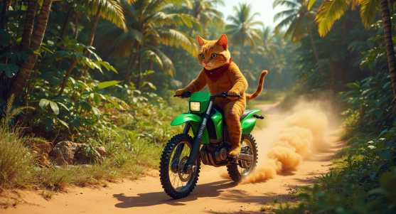 the cat on the dirtbike is riding through a tropical jungle trail